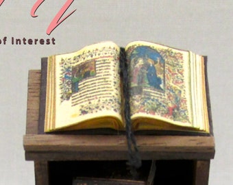 1:24 Scale Open Book MEDIEVAL BOOK Of HOURS Dollhouse Miniature Hard Cover Book 1/2" Scale Church Prayer Religion