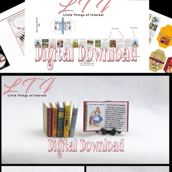 Digital Download ALICE IN WONDERLAND Books Set 6 Prop Books Pdf & Construction Tutorial for Miniature 1:12 Scale Prop Books