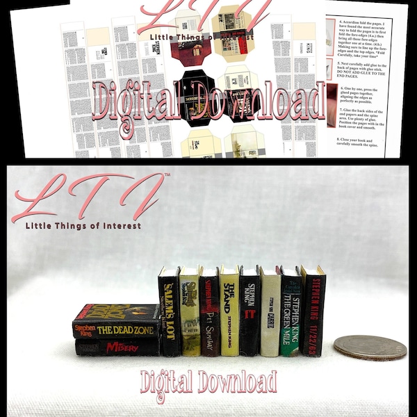 Digital Download STEPHEN KING Book Set of 10 Books Pdf Books and Construction Tutorial for Miniature Printable 1:12 Scale Books