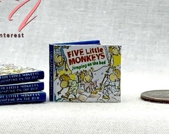 1:12 Scale FIVE LITTLE MONKEYS Jumping On The Bed Miniature Readable Illustrated Hard Cover Book