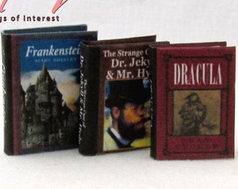 Ensemble de livres miniatures ROMANS D'HORREUR CLASSIQUES à l'échelle 1:12 Livres illustrés lisibles à couverture rigide Dracula Frankenstein Dr Jekyll Myr Hyde