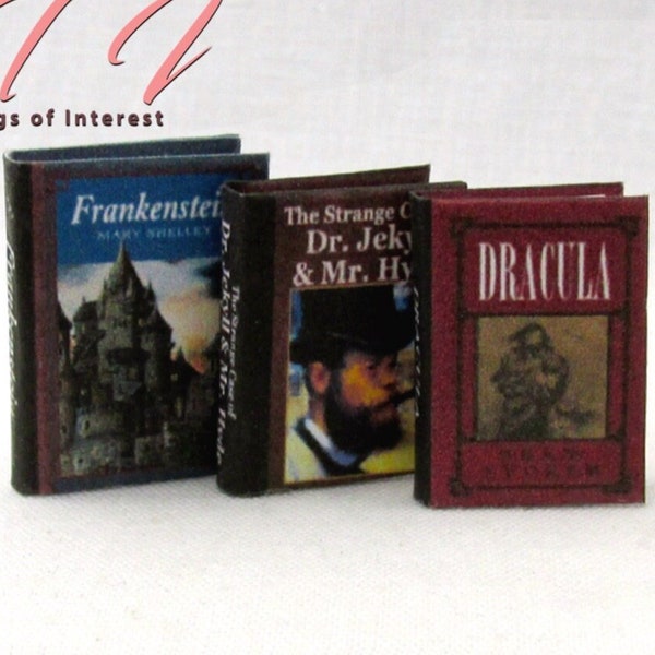 CLASSIC HORROR NOVELS Miniature Book Set 1:12 Scale Illustrated Readable Hard Cover Books Dracula Frankenstein Dr Jekyll Myr Hyde