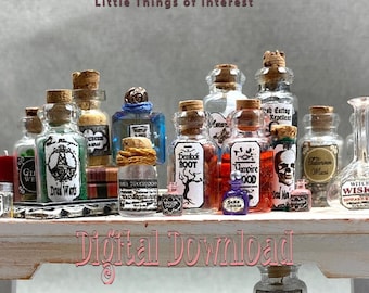 110 Miniature POTION BOTTLE LABELS Download Pdf Printable in Miniature 1:12 Scale For Magic Witch or Wizard Apothecary Jars