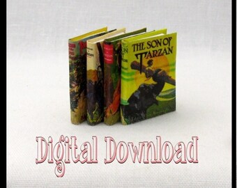 Digital Download TARZAN BOOK SET of 4 Download Pdf Books & Construction Tutorial in Miniature 1:12 Scale Illustrated Readable Books