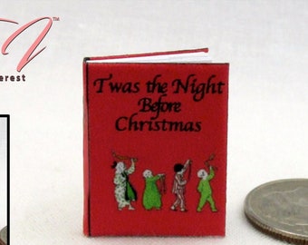 TWAS The NIGHT Before CHRISTMAS Maison de poupée miniature à l'échelle 1:12, livre illustré à couverture rigide lisible Père Noël