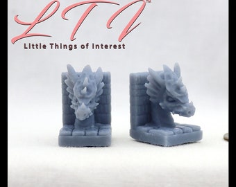 DRAGON HEAD Miniature Bookends Set of 2 One Inch Scale Gray Resin DIY Gothic Mythical Decor