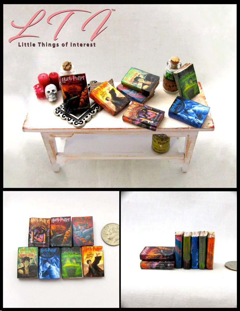 Popular BOY WIZARD POTTER Book Series 1:12 Scale Miniature Books Set of 7 Prop Faux Books Magic image 1