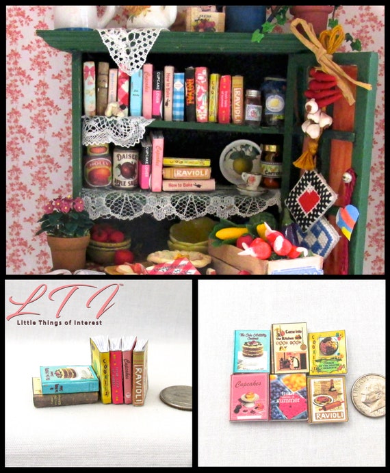 6 KITCHEN COOKBOOKS Set Miniature Dollhouse 1:12 Scale Books PROP Faux Bookshelf 