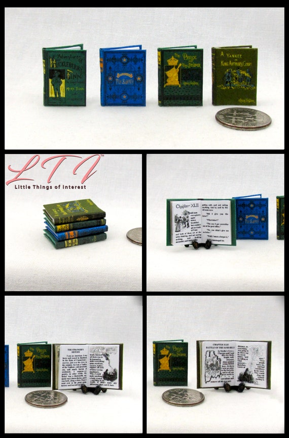 4 MARK TWAIN CLASSIC Miniature Books Set Dollhouse 1:12 Scale Illustrated Book