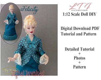 Digital Download FELICITY Miniature 1:12 Scale Lady Doll PDF Tutorials Patterns 1880 Dinner Dress and Hair Download (Intermediate)