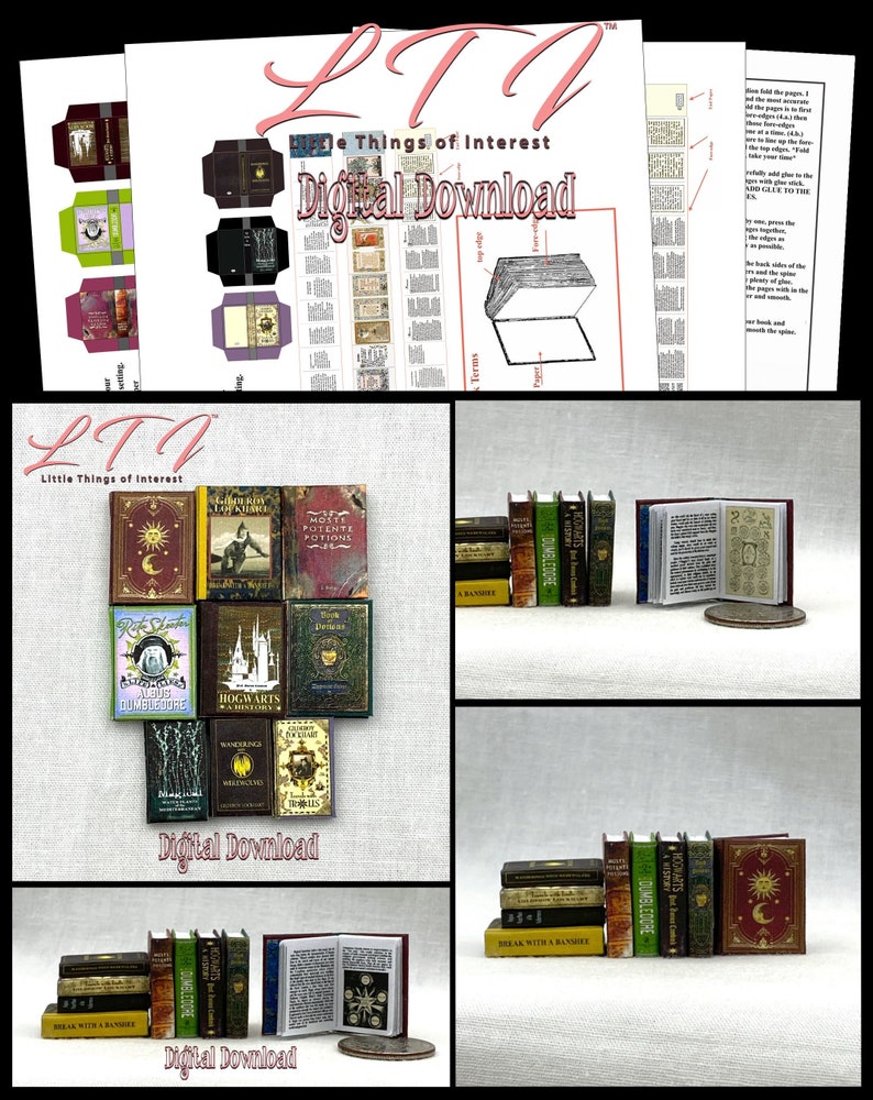 This is a 1:12 scale miniature digital download I designed for you to make a miniature set of 9 Hogwarts Text books which open.
