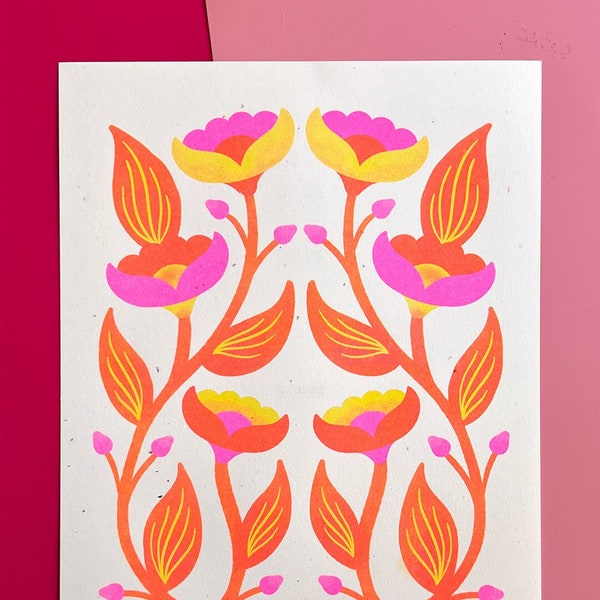 Symmetrical Flowers | Fluorescent Riso Floral Print