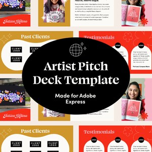 以下が含まれることがあります： Adobe Express 用の白黒のアーティストピッチデッキテンプレート。テンプレートには、過去のクライアント、お客様の声、サービス、お礼のスライドが含まれています。テンプレートは、カラフルでモダンなデザインで、イラストとテキストが使用されています。