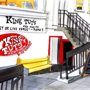 May include: A hand-drawn illustration of the exterior of King Tut's Wah Wah Hut, a music venue in Glasgow, Scotland. The building is white with a red door and a yellow bench. The sign above the door reads "King Tut's" and "Best UK Live Venue" - Radio 1.