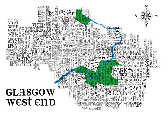 Glasgow West End Map Glasgow West End Word Map | Etsy Canada