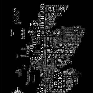 May include: A black and white word cloud map of Scotland, featuring the names of various Scottish whisky distilleries. The word "Whisky" is at the top of the map, and the word "Highland" is on the left side of the map. The word "Lowland" is on the right side of the map. The word "Region" is in the center of the map.