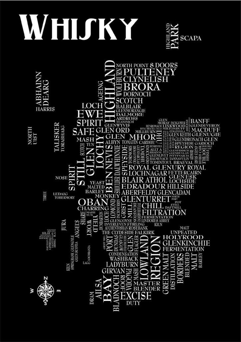 May include: A black and white word cloud map of Scotland, featuring the names of various Scottish whisky distilleries. The word "Whisky" is at the top of the map, and the word "Highland" is on the left side of the map. The word "Lowland" is on the right side of the map. The word "Region" is in the center of the map.