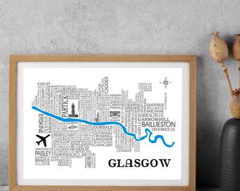 May include: A black and white word art map of Glasgow, Scotland. The map is made up of the names of neighborhoods and landmarks in the city. The River Clyde is highlighted in blue.