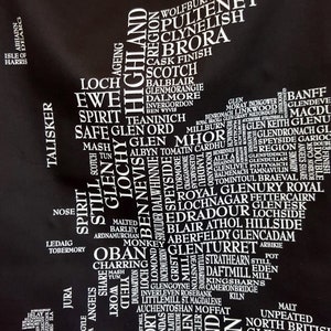 May include: A black and white word cloud map of Scotland with the names of different Scotch whisky distilleries. The map is shaped like Scotland and includes the names of distilleries such as Glenfiddich, Glenmorangie, and Macallan.