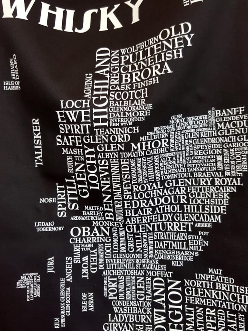 May include: A black and white word cloud map of Scotland with the names of different Scotch whisky distilleries. The map is shaped like Scotland and includes the names of distilleries such as Glenfiddich, Glenmorangie, and Macallan.