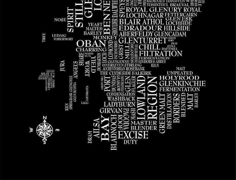 May include: A black and white word cloud depicting the different regions, distilleries, and processes involved in Scotch whisky production. The word cloud is shaped like a map of Scotland.