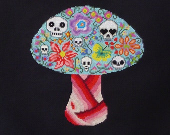 Mushroom Garden Sugar Skulls Cross Stitch Pattern