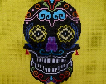 Black with Mustache Sugar Skull Cross Stitch Pattern