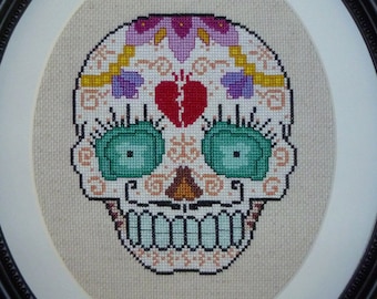 Broken Hearted Sugar Skull Cross Stitch Pattern