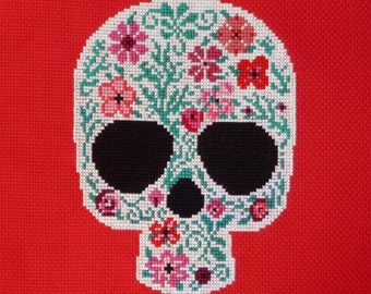 Red Flowers Sugar Skull Cross Stitch Pattern