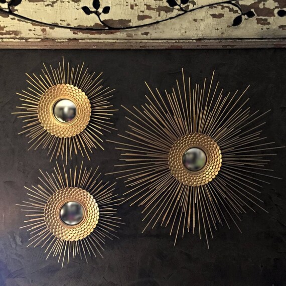 Gold Starburst Mirror Sunburst Trio Handmade Atomic Retro Farmhouse Midcentury Modern