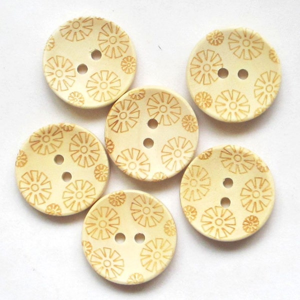 Carved Flower Design Wooden Buttons with 2 Holes (20mm, 10 in a set)