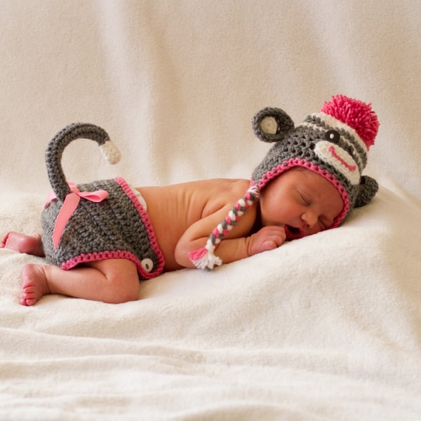 Miss Sock Monkey Newborn Photo Prop, Sock Monkey Hat, Crochet Winter Hat, Newborn Photo Prop, Hat with Earflaps, Birthday Gift