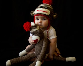 Sock Monkey Hat, Crochet Winter Hat, Toddler Photo Prop, Hat with Earflaps, Birthday Gift