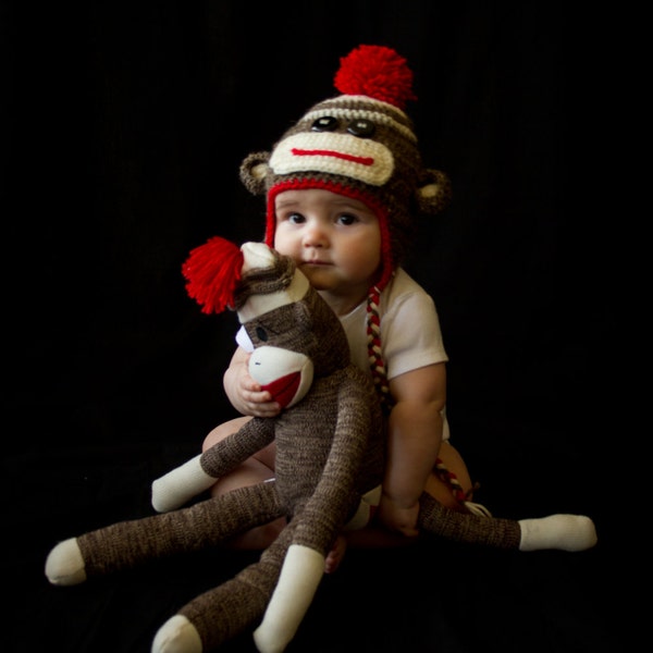 Sock Monkey Hat, Crochet Winter Hat, Toddler Photo Prop, Hat with Earflaps, Birthday Gift