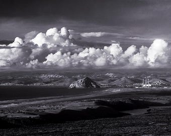 Morro Bay w/ Clouds Black and White Photograph, Morro Rock, Los Osos, Montana de Oro, Baywood Park, Cayucos, Beach, Hwy 1, PCH, Dunes, Pano