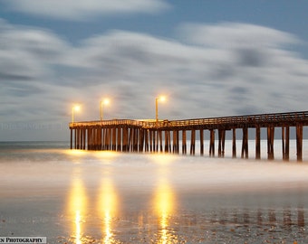 Cayucos Pier With Moonlight 8 x 12 Photograph, Ocean, Wave, PCH, Highway 1, Beach, Moon, Street Light, California Coast, Moonlight, Giclee