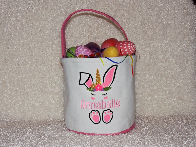 Monogrammed Unicorn Easter Basket. Personalized Unicorn Bunny Easter Basket (madebygrannyshands)