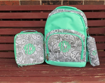 Grey Paisley Backpack, Lunch Box, Monogrammed backpack, back pack, diaper bag FREE Monogramming