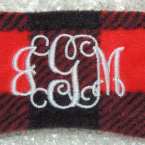 Buffalo Plaid Monogram Fleece Headband, Ear Warmers, Monogram Headband Ear Warmers Ski Band Ear Muff Custom made, Best price image 2