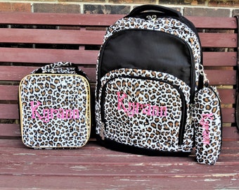 Leopard Backpack, Lunch Box, Monogrammed backpack, back pack, diaper bag FREE Pencil case