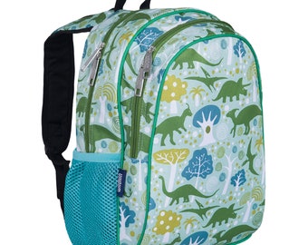 May include: A green and blue backpack with a dinosaur print. The backpack has a mesh pocket on the side and two zippered compartments. The text "LittleLife" is printed on the side of the backpack.