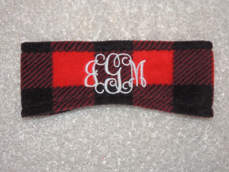 Buffalo Plaid Monogram Fleece Headband, Ear Warmers, Monogram Headband Ear Warmers Ski Band Ear Muff Custom made, Best price image 1