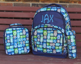 Robot Backpack, Lunch Box, Monogrammed backpack, back pack, diaper bag FREE Monogramming