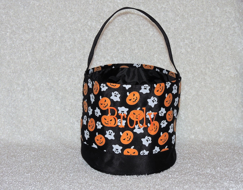 Monogrammed Halloween bag, Halloween bucket, Pumpkin and ghost Halloween bucket, treat or trick bag, Sand bucket, baby gift image 4