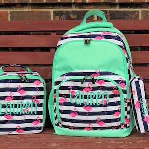 Flamingo Backpack, Lunch Box, Monogrammed backpack, back pack, diaper bag FREE Pencil Case