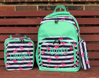 Flamingo Backpack, Lunch Box, Monogrammed backpack, back pack, diaper bag FREE Pencil Case