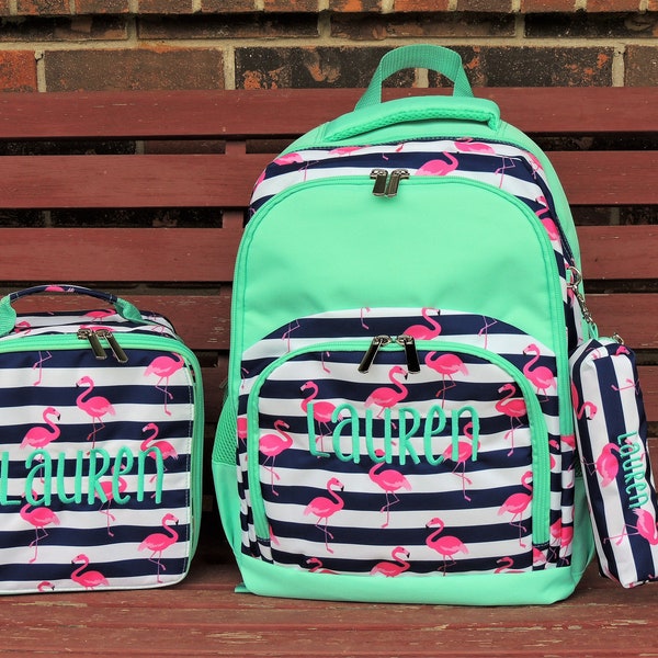 Flamingo Backpack, Lunch Box, Monogrammed backpack, back pack, diaper bag FREE Pencil Case