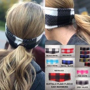 Monogrammed Buffalo Plaid Fleece ear warmers with ponytail hole,  Headbands, Fleece head band, Ear Warmers, wholesale blank fleece headband