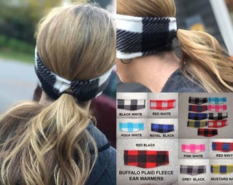 WHOLESALE  Buffalo Plaid Fleece ear warmers with ponytail hole,  Headbands, Fleece head band, Ear Warmers, wholesale blank fleece headband