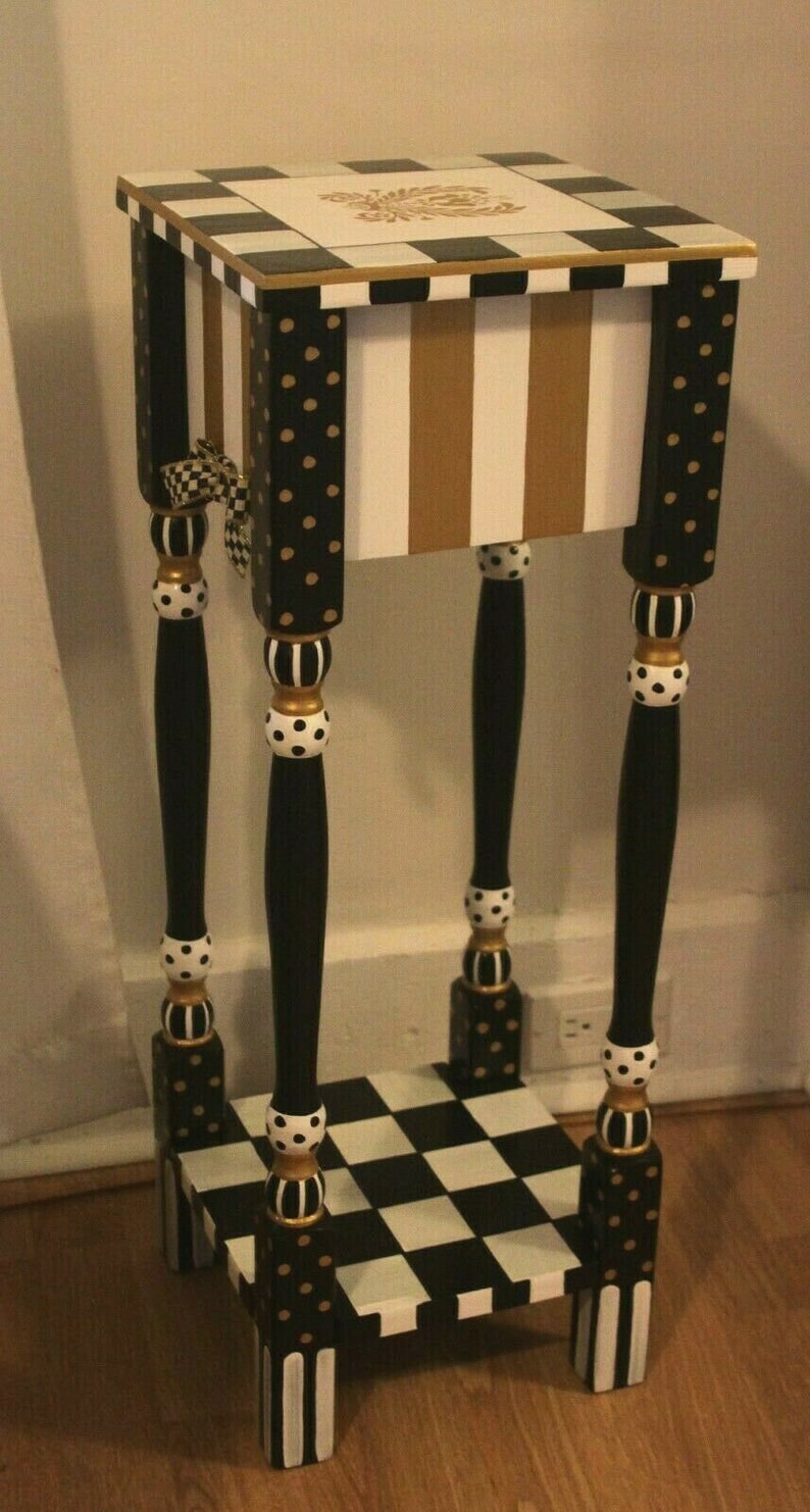 Whimsical Gold & White Striped Nightstand. Black and White Etsy